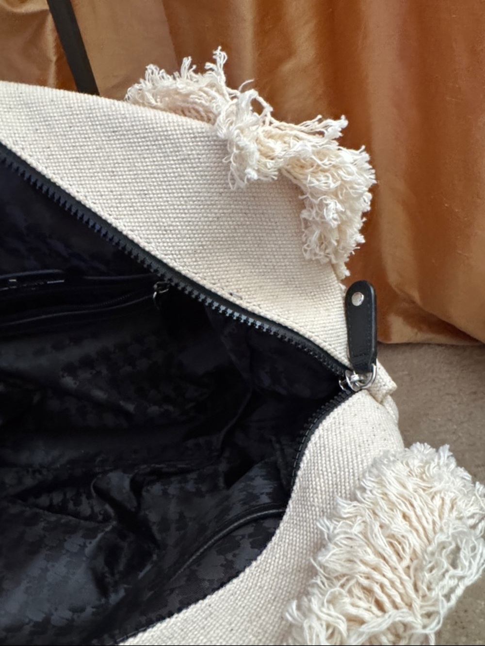 Karl Lagerfeld Canvas 'Bonjour' Fringe Tote in Cream and Black - Picture 5 of 10